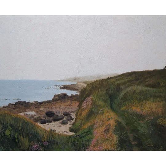 Giclee Print of an original oil landscape painting inspired by Binnel Bay on the Isle of Wight. A grassy coastline with flowers and a rocky bay.
