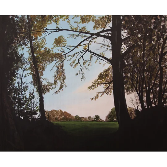 Giclee Print of an original landscape painting in acrylic, of atmospheric dark trees and countryside beyond.