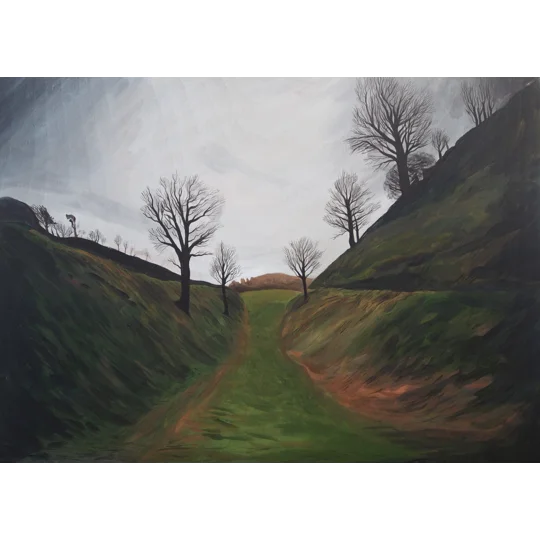 Giclee Print of an original landscape painting inspired by the moat at Carisbrooke Castle, a very atmospheric picture with pinhole camera effect and dramatic tree line.