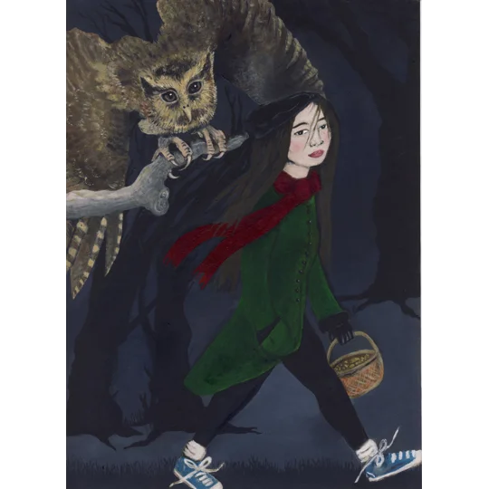 Giclee Print of an original oil fantasy portrait painting of a girl in nighttime woods with an owl above her and a basket in her hand
