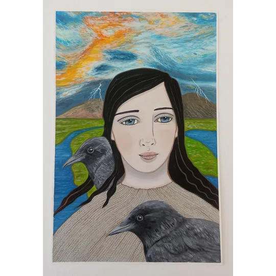 Oil portrait painting of a woman with two crows in an English landscape with rivers, mountains and stormy sky with lightning.