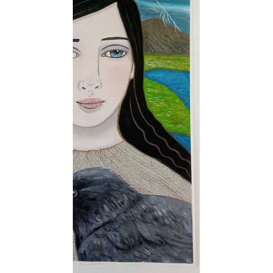 Close up of oil portrait painting of woman and crow