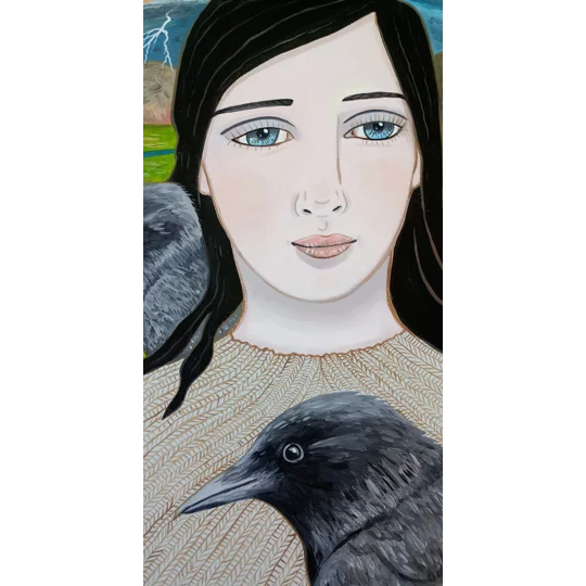 Close up of original oil portrait painting of woman and crows