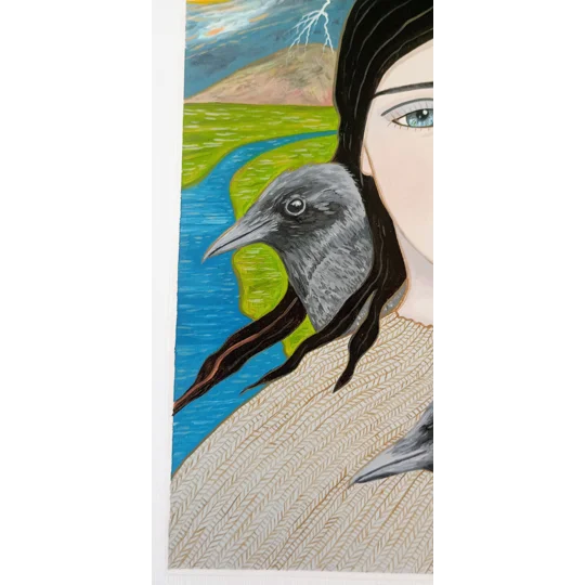 Close up of oil portrait painting with woman and crow