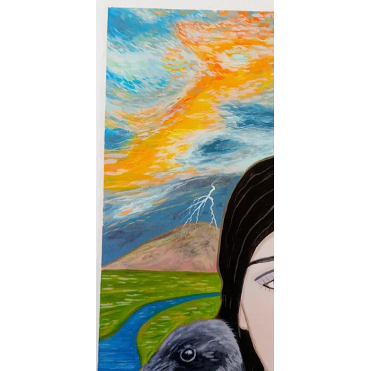 Close up of oil portrait painting with dramatic sky and lighting