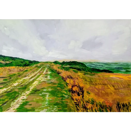 Original Acrylic Landscape Painting on Paper of a chalk track on Mottistone Down on the Isle of Wight, in green, yellow, blue and white.