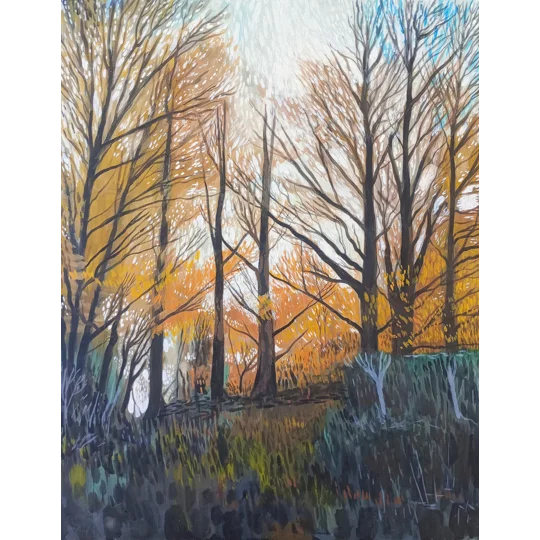 Original oil Landscape Painting on wood of an autumnal woodland with blueish foreground giving an otherworldly feel.