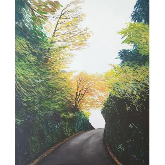 Original Acrylic Landscape Painting on wood inspired by Castle Lane on the Isle of Wight, a road through autumnal trees and foliage with a white sky.