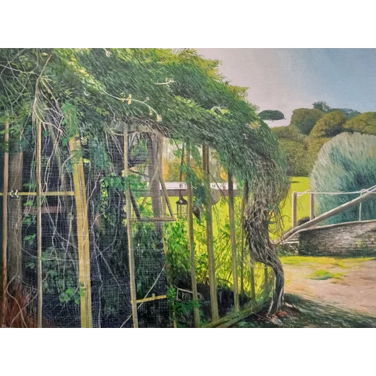 Original oil Landscape Painting on Linen canvas inspired by an old greenhouse at Quarr Abbey on the Isle of Wight with gardens and foliage, highly detailed.