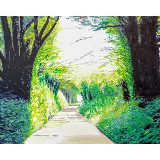 Original Acrylic Painting on Canvas Board of a bright road leading through a woodland.