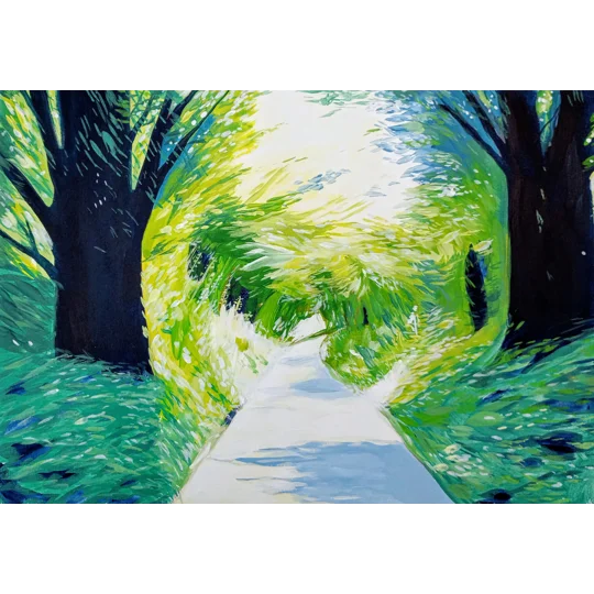 Original acrylic landscape painting on paper of a bright road through a woodland, with dark blueish trees either side.