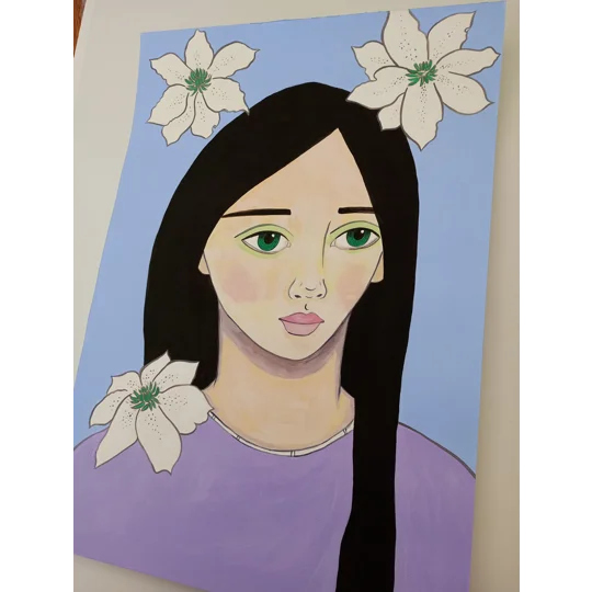Lilac with Flowers - Original Acrylic Surreal Portrait Painting on Paper