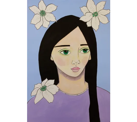 Lilac with Flowers - Original Acrylic Surreal Portrait Painting on Paper