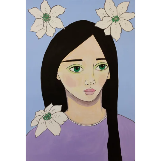 Original surreal portrait painting in acrylic on paper of a woman wearing purple with a lilac background and white lilly like flowers around her.