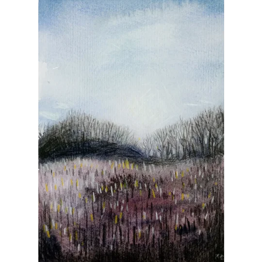 Original semi-abstract landscape painting in mixed media on paper, using watercolour and coloured pencils, of a grassy field with hills and tree line behind.