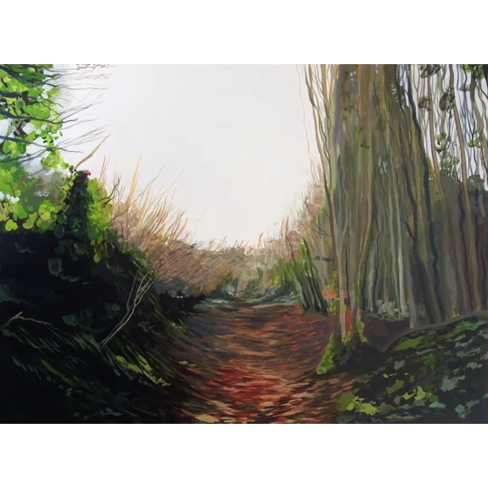 Original acrylic landscape painting on board of a path through autumn trees, on a bright day.