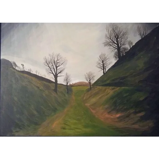 Original landscape painting inspired by the moat at Carisbrooke Castle on the Isle of Wight, painted with darkened edges, pinhole camera style, with a dramatic, edgy atmosphere.