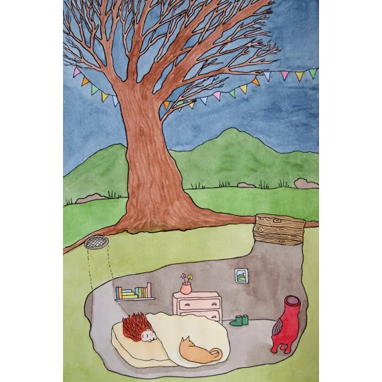 Giclee Art print of an illustrative watercolour painting featuring a girl sleeping in a cosy underground home under a tree, with stove, books and a cat on the bed. There are mountains behind and bunting hanging in the tree.