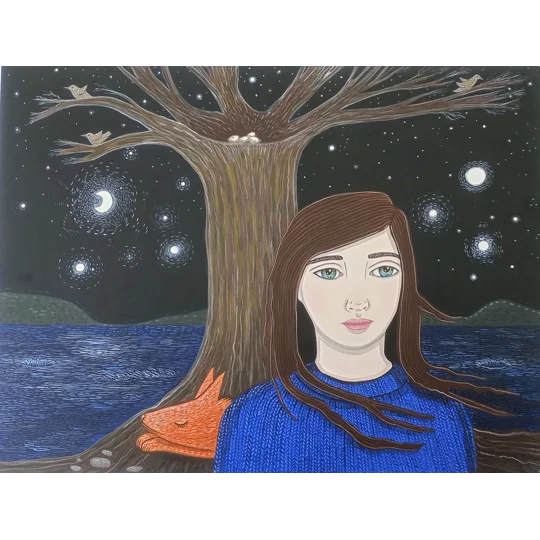 A young dark haired woman in a blue textured jumper is in a starry, magical nighttime scene with a large tree behind, there are birds, and a large fox-like creature sleeps at the base of the tree, there is water beyond, textured in the moonlight with sinkholes and strange currents.