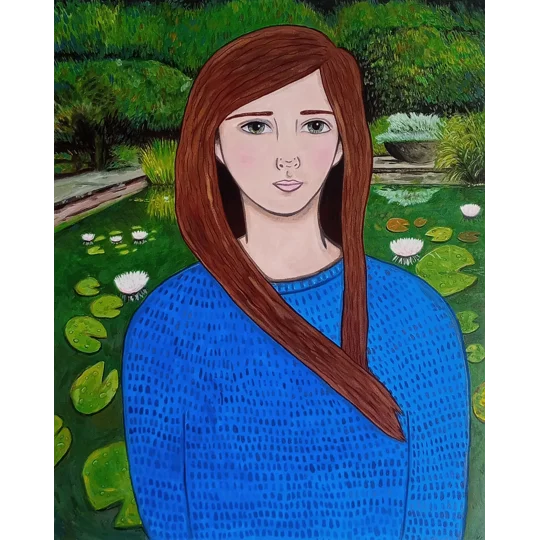 An original surreal portrait painting on stretched canvas, using acrylic paints.
A brown haired woman wearing textured blue is in a garden or park with a lily pond behind her and trees and bushes behind.