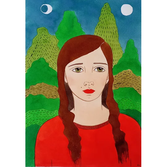An original surreal portrait painting on paper, using vibrant watercolour inks.

A brown haired woman wearing bright red is in a garden or imagined landscape with trees and bushes, made more atmospheric with two moons in a dark blue sky.