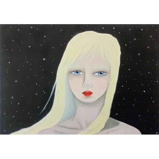 Surreal oil portrait painting of a woman with nearly white hair, bright blue eyes and a backdrop of a starry night sky.