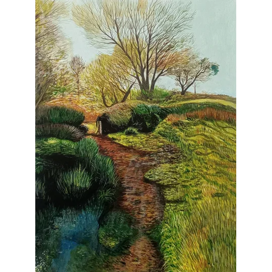 Original acrylic landscape painting in acrylic on canvas board. Inspired by Carisbrooke Water Meadows on the Isle of Wight.

A stream flowing through English countryside.