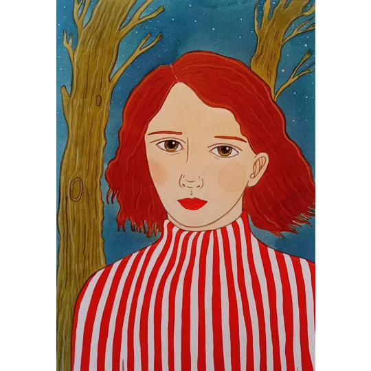 Original surreal portrait painting in watercolour inks on paper of a red haired woman amongst trees with a bright red striped top.