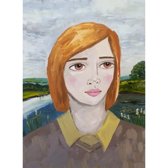 Original surreal portrait painting of a woman in an English Landscape with countryside and lake.