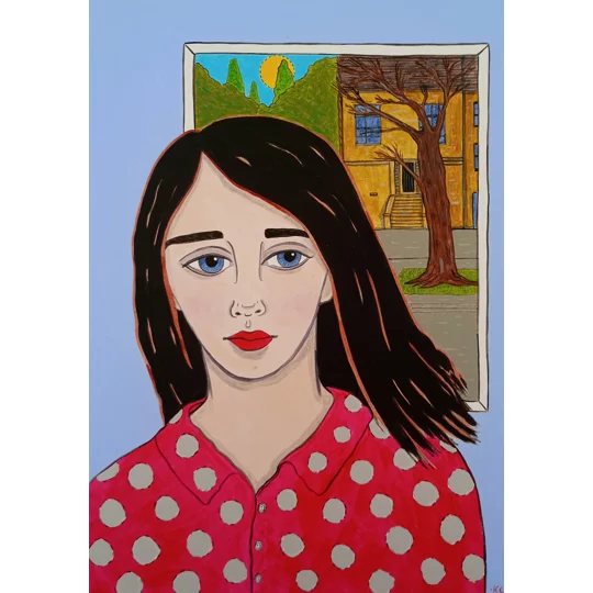 Original acrylic portrait painting of a woman in a spotty shirt with a window behind and a street scene outside.