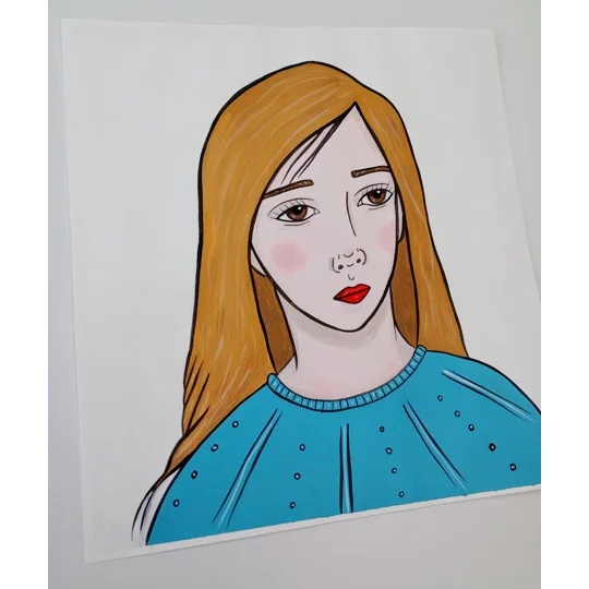 Original surreal oil portrait painting on paper of a blonde woman wearing blue, thoughtful and minimal.