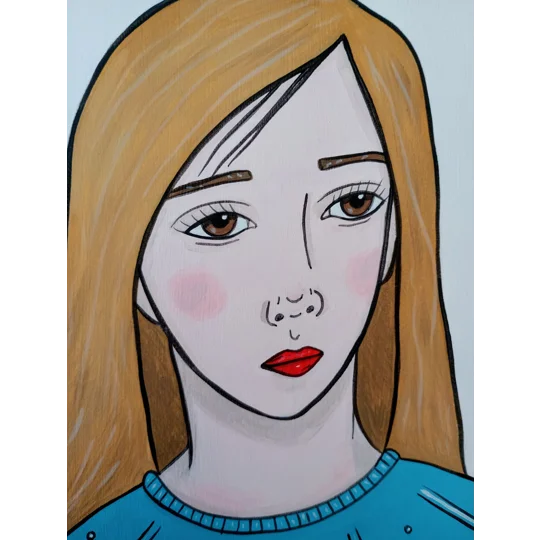Blue Blonde - Original Oil Surreal Portrait Painting on Paper