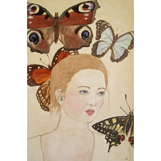 Giclee Print of an original watercolour surreal portrait painting of a woman surrounded by butterflies.