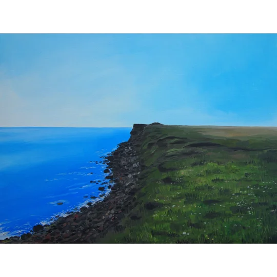 Original landscape painting of the coastline of the Isle of Wight, a rocky shoreline and grassy land.
