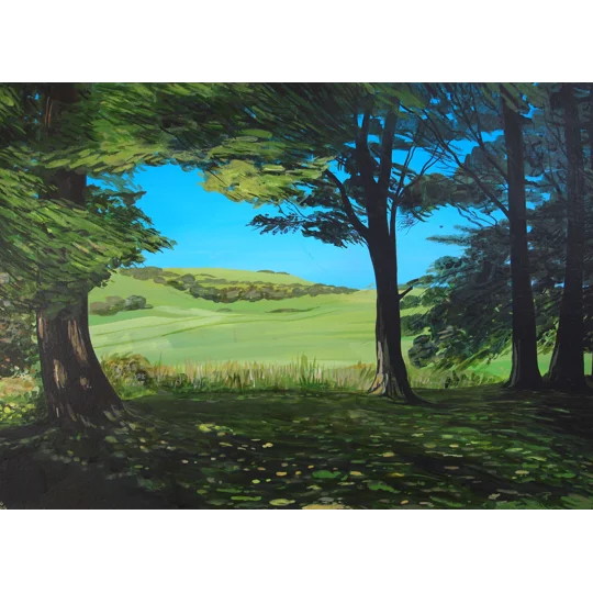 Original landscape painting of a countryside scene in black, green and blue, painted in acrylics on paper. Dark shades trees in the foreground with sunlit fields beyond.