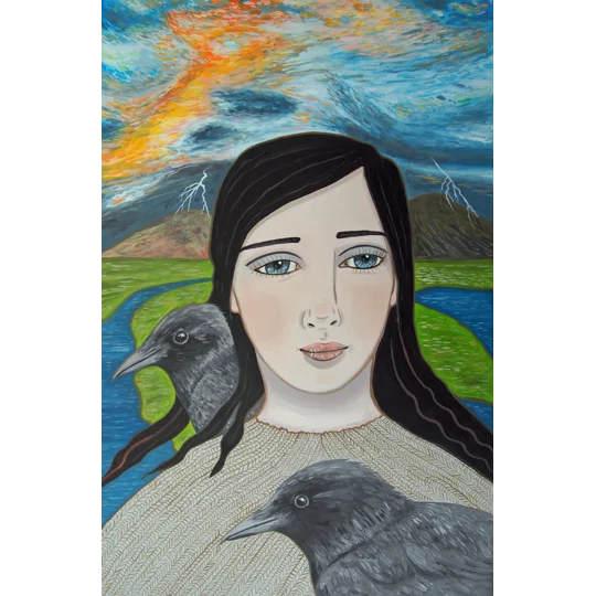 Original Oil Portrait Painting on Paper inspired by Norse Mythology and Odin, with a dark haired woman with two crows, in a landscape with two rivers, mountains and lightning.