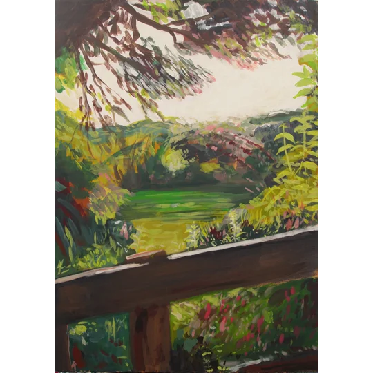 Original landscape painting in acrylic on board of a view into a sunlit garden, beyond a fence. Colourful and vibrant.