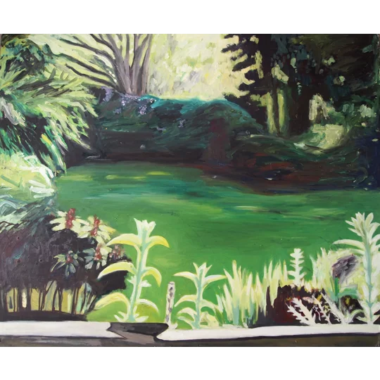 Original landscape painting of a luminous brightly lit garden in oils on heavy board, giving an otherworldly atmosphere.