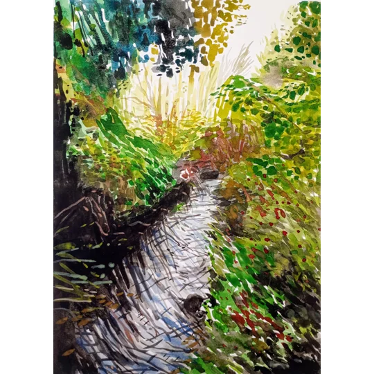 Original watercolour landscape painting on paper of a lively vibrant stream running through wooded countryside and bright summer light.