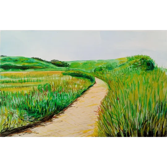 Original mixed media landscape painting in watercolour and coloured pencils, or a countryside path in Yarmouth on the Isle of Wight.