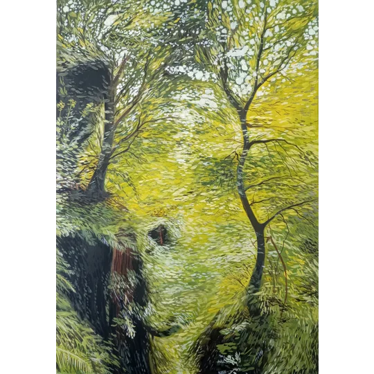 Giclee Print of an oil landscape painting of a forest in bright light, with yellow, green and black. Inspired by Shanklin Chine on the Isle of Wight.