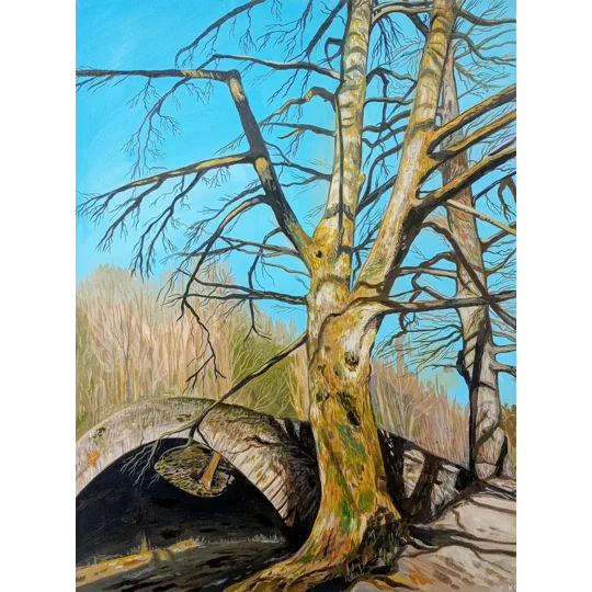 Giclee Print of an oil landscape painting featuring a large tree in front of an old stone bridge, with a light beige tree line behind and blue sky. Inspired by the Lake District in England.