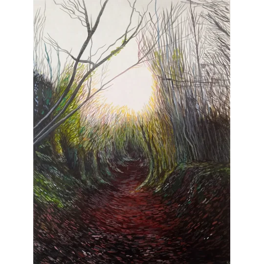 Original Oil Painting on Artboard of a path through autumnal countryside, with light ahead shining through the trees.