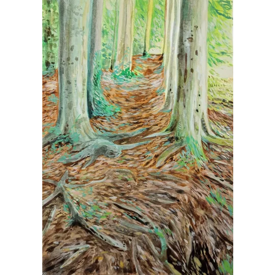 Original gouache landscape painting on paper inspired by the woodlands around Carisbrooke Castle on the Isle of Wight. A path between a corridor of trees with autumn colours, orange, brown and green.