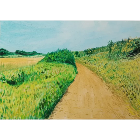 Original gouache landscape painting on paper inspired by Yarmouth on the Isle of Wight. A bright sunny path heading through fields and countryside.