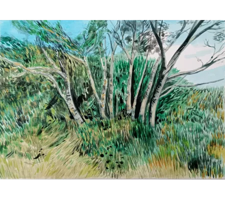 Trees in a Landscape - Original Gouache Landscape Painting on Board