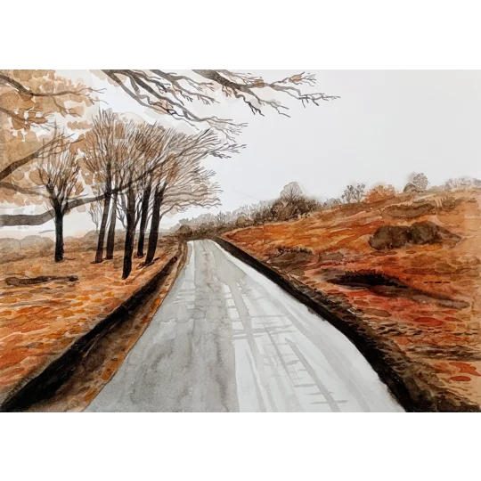 Original watercolour landscape painting of a road in the New Forest, England, in autumn.
