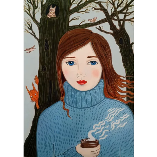 Original illustrative oil portrait painting on paper, of a woman in a cosy autumn scene in the woods with a hot drink and woodland animals around her.