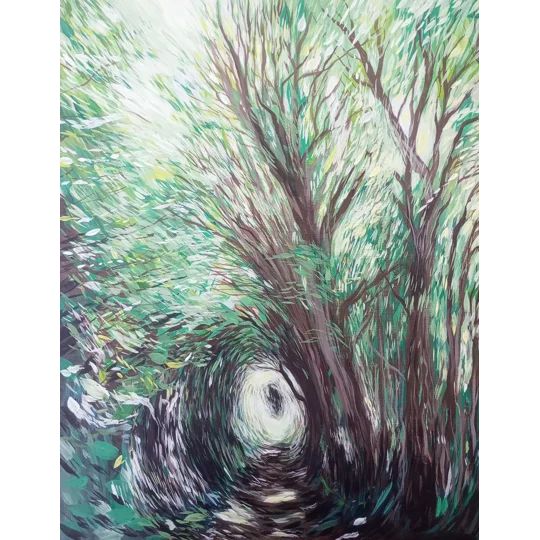 Original landscape painting on wood of a woodland path with trees encircling, like a tunnel of foliage.
