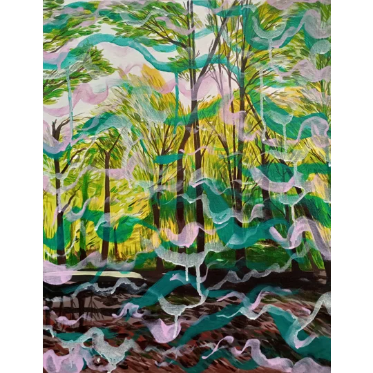 Original landscape painting in acrylic on canvas, of an autumnal woodland, with abstracted brushwork overlaying, in pink and green.